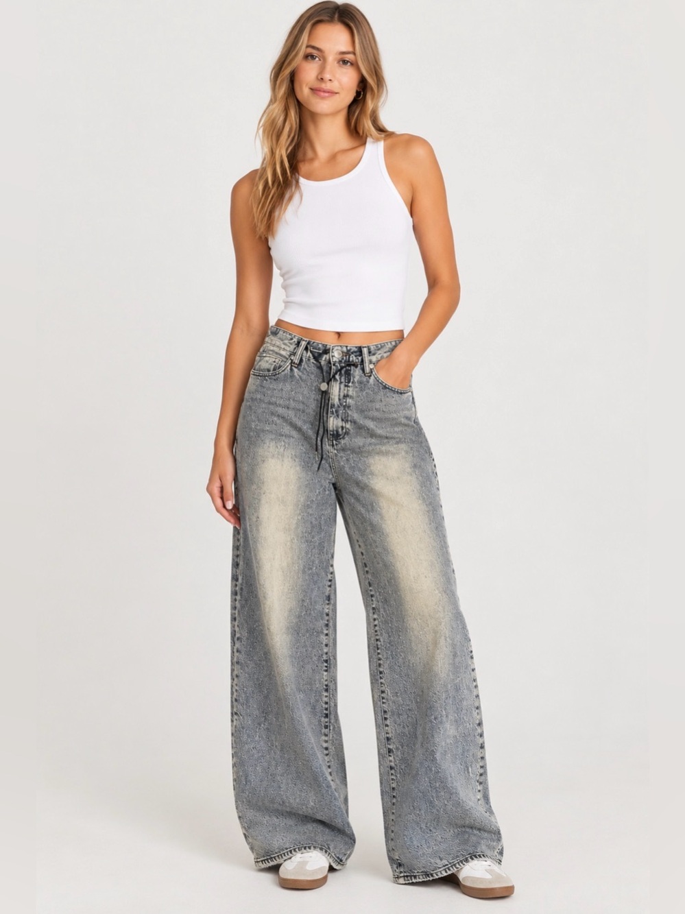Habitual Jade Drawstring Wide-Leg High Rise Light Wash Denim Jeans Sz 6/28 EUC